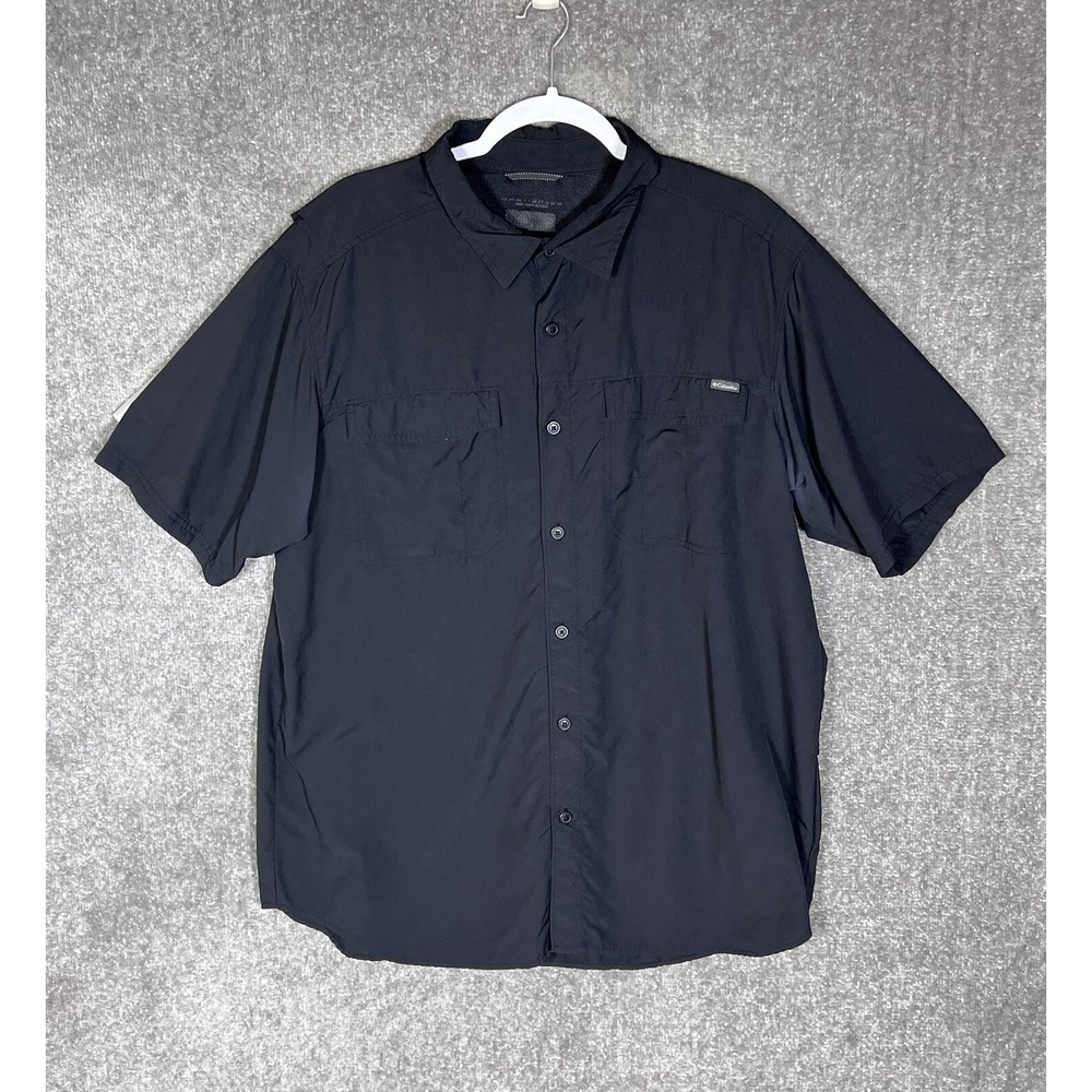 Columbia Omnishade Button Up Shirt Mens Sz XL Black Short Sleeve Vented Pockets
